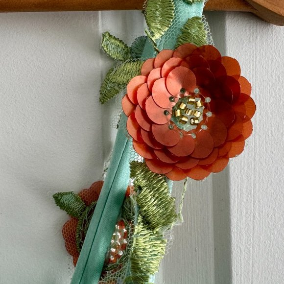 Mint Spaghetti Strap Evening Dress Flowers Appliques A-Line Tulle - Picture 6 of 9